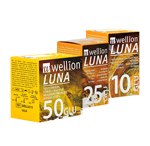 Wellion LUNA blood glucose teststrips. High-tech product. Consists of different layers. AUTO CODING technology. Handy size. The Sip-in technology prevents contamination with blood. For the Wellion LUNA blood glucose meter. 5 pieces and 10 pieces. Picture
