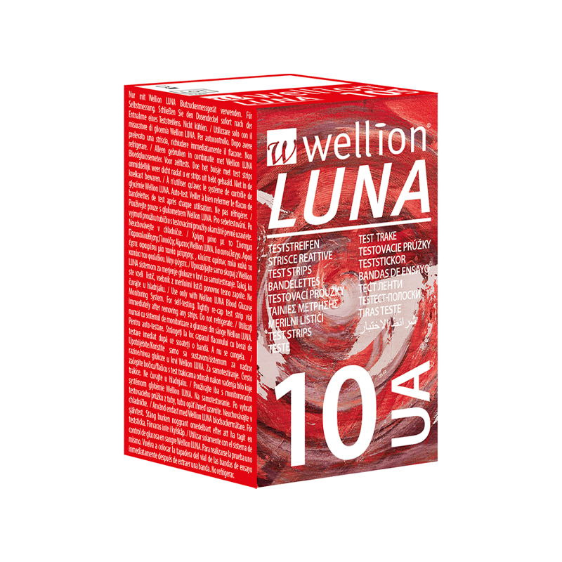 Wellion LUNA uric acid test strips. High-tech product. Consists of different layers. AUTO CODING technology. Handy size. The sip-in technology prevents contamination with blood. For the Wellion LUNA Trio blood glucose meter. 10 pieces. Picture