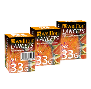 Wellion LANCETS 33G - Lancets for particularly gentle blood sampling. Protective cap and perfect thin cut for nearly painless blood collection. Extreme thin cut - perfect for children and people with sensitive skin. 50, 100 and 200 pieces. Picture