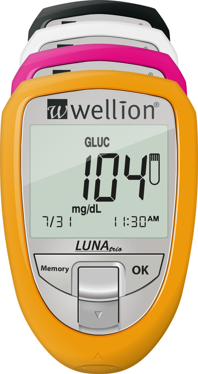 Wellion LUNA Trio blood glucose meter, 3 values for me - glucose, cholesterol and uric acid
