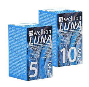 Wellion LUNA cholesterol test strips. High-tech product. Consists of different layers. AUTO CODING technology. Handy size. The Sip-in technology prevents contamination with blood. For the Wellion LUNA blood glucose meter. 5 pieces and 10 pieces. Picture