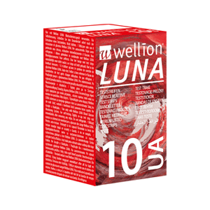 Wellion LUNA uric acid test strips. High-tech product. Consists of different layers. AUTO CODING technology. Handy size. The sip-in technology prevents contamination with blood. For the Wellion LUNA Trio blood glucose meter. 10 pieces. Picture