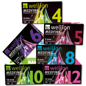 The extra fine-grained Wellion MEDFINE Plus pens with facet cut and thin silicone coating for effortless gliding provide maximum comfort. The extended inside diameter allows for optimal insulin flow. Different sizes. 4mm, 5mm, 6mm, 8mm, 10mm and 12mm. Picture