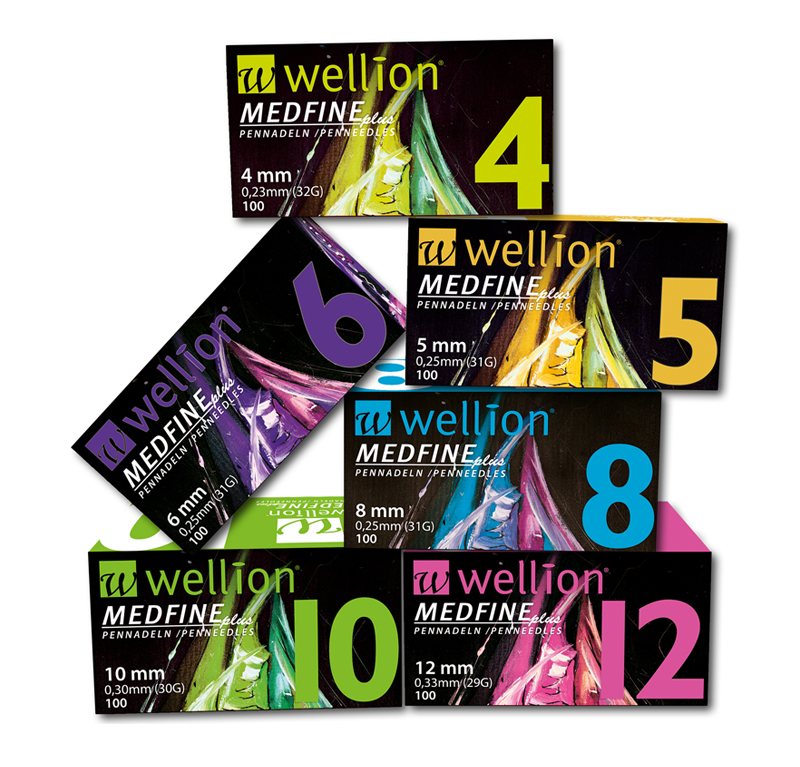The extra fine-grained Wellion MEDFINE Plus pens with facet cut and thin silicone coating for effortless gliding provide maximum comfort. The extended inside diameter allows for optimal insulin flow. Different sizes. 4mm, 5mm, 6mm, 8mm, 10mm and 12mm. Picture