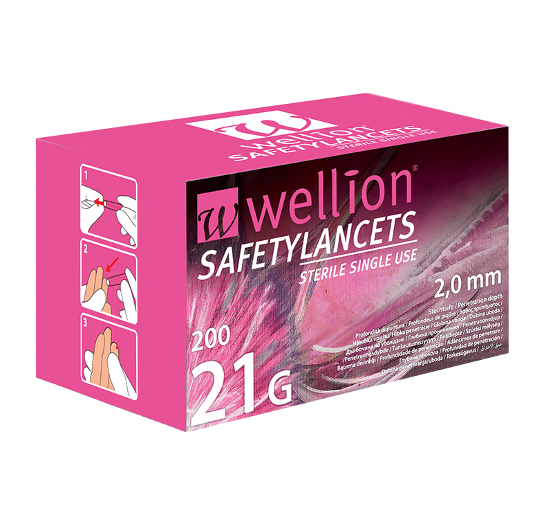 Wellion Safetylancets 21G - Ideal for vision problems, reduced fine motor skills and for the elderly. Fast and easy handling. Gentle and safe. Minimized pain due to ultra-sharp needle. Perfect for healthcare professionals, hospitals and nursing homes. Sterile and avoiding puncture injuries. Picture