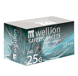 Wellion Safetylancets 25G - Ideal for vision problems, reduced fine motor skills and for the elderly. Fast and easy handling. Gentle and safe. Minimized pain due to ultra-sharp needle. Perfect for healthcare professionals, hospitals and nursing homes. Sterile and avoiding puncture injuries. Picture