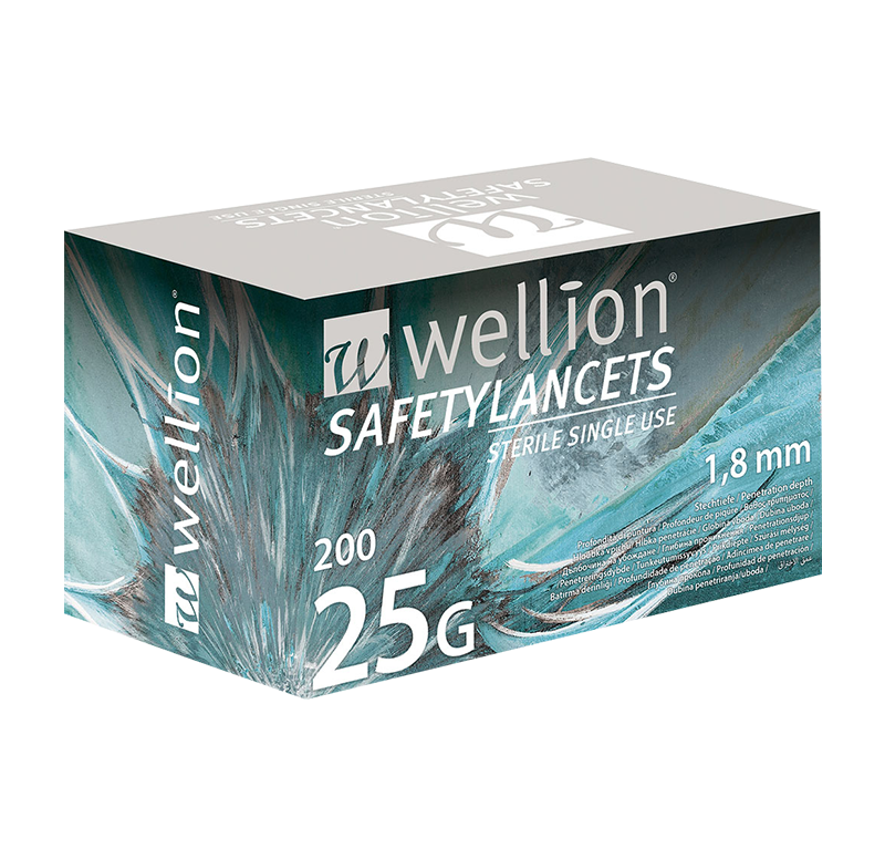 Wellion Safetylancets 25G - Ideal for vision problems, reduced fine motor skills and for the elderly. Fast and easy handling. Gentle and safe. Minimized pain due to ultra-sharp needle. Perfect for healthcare professionals, hospitals and nursing homes. Sterile and avoiding puncture injuries. Picture