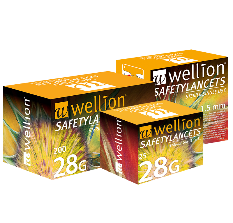 Wellion Safetylancets 28G - Ideal for vision problems, reduced fine motor skills and for the elderly. Fast and easy handling. Gentle and safe. Minimized pain due to ultra-sharp needle. Perfect for healthcare professionals, hospitals and nursing homes. Sterile and avoiding puncture injuries. Picture